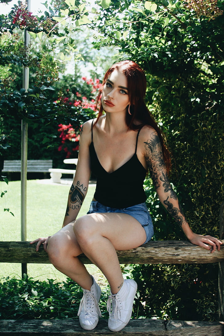 redhead, legs, women, lips, tattoo, HD wallpaper