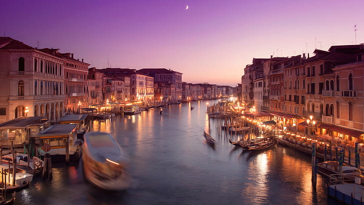 fiume, venezia, notte, luci della città, gondole, Sfondo HD