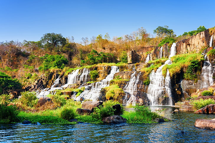 cachoeiras, o céu, árvores, pedras, cachoeira, Vietnã, ensolarado, cascata, os arbustos, limiares, cachoeira Pongour, HD papel de parede
