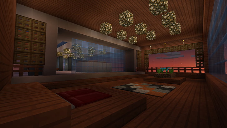 Mesa de centro de madera marrón con marco de vidrio, Minecraft, minimalismo, moderno, Fondo de pantalla HD