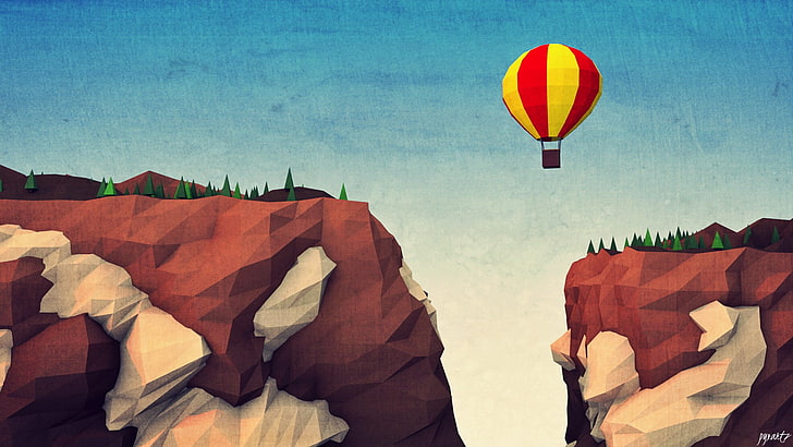 yellow and red air balloon illustration, abstract, digital art, artwork, minimalism, low poly, hot air balloons, mountains, snow, sky, HD wallpaper
