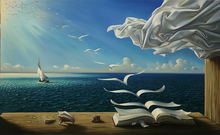digital art fantasy art nature painting sea seashell table wood curtains feathers clouds sun sunlight books birds flying surreal, HD wallpaper