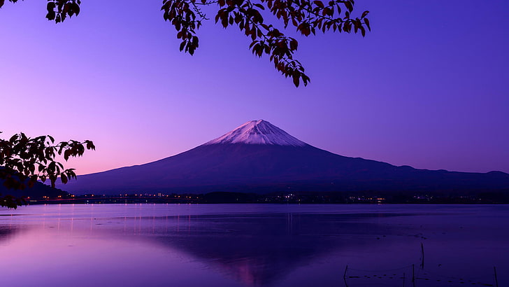 Gunung Fuji, Jepang, Gunung Fuji, Jepang, lanskap, perairan tenang, ungu, danau, langit cerah, Wallpaper HD