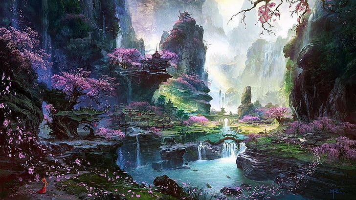 seni fantasi, pemandangan fantasi, air terjun, lukisan, bunga sakura, hutan, sakura, pemandangan, fantasi, Wallpaper HD