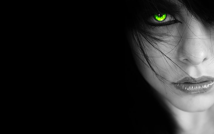женские зеленые контактные линзы, женщины, выборочная окраска, глаза, лицо, монохромные, темные, зеленые глаза, HD обои
