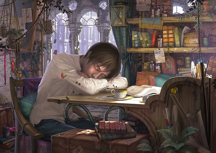 Anime, Original, Book, Boy, Desk, Sleeping, HD wallpaper | Wallpaperbetter