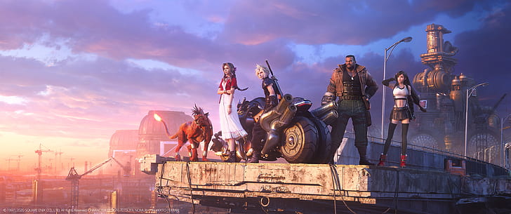 Final Fantasy VII, Final Fantasy VII: Remake, videogame, arte de videogame, arte digital, motocicleta, Red XIII, Cloud Strife, Tifa Lockhart, Barret Wallace, Aerith Gainsborough, ultra amplo, ultra amplo, HD papel de parede
