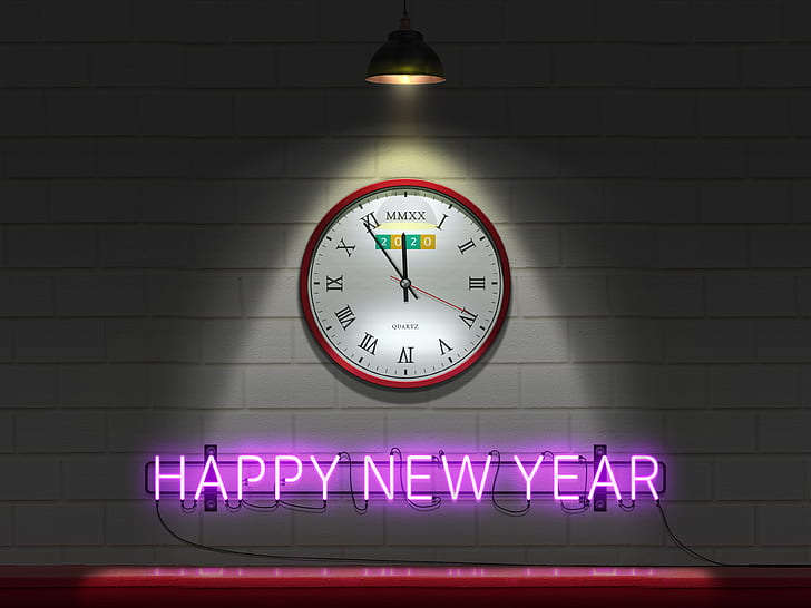 Nouvel an, 2020, bonne année, mur, horloges, foudre, néon, enseigne au néon, Fond d'écran HD