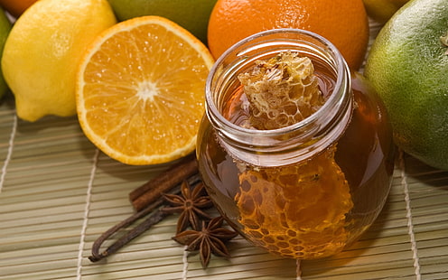 оранжевые фрукты и мед, мед, банка, соты, апельсин, корица, HD обои HD wallpaper