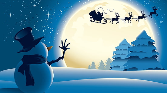 илюстрация на снежен човек, Коледа, снежен човек, Дядо Коледа, сняг, коледни шейни, дървета, Луна, звезди, HD тапет HD wallpaper