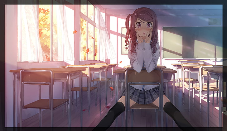 anime, anime girls, school, miniskirt, sitting, HD wallpaper