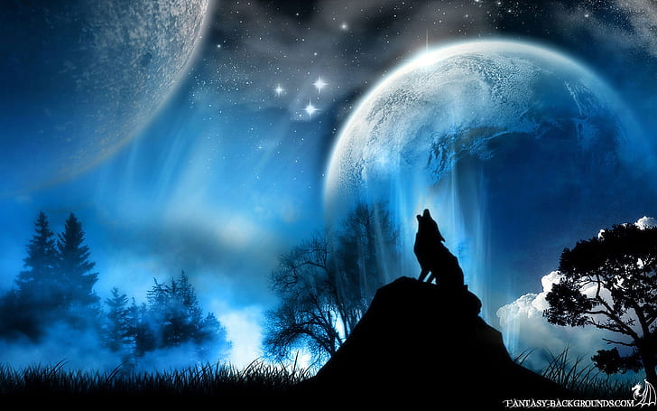 stelle blu pianeti luna lupi 2560x1600 Space Moons HD Arte, blu, stelle, Sfondo HD