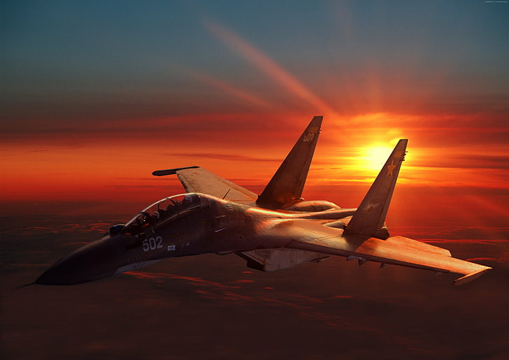 Avión, caza, Sukhoi, puesta de sol, Fuerza Aérea Rusa, Su-30, Flanker-C, Rusia, Fondo de pantalla HD