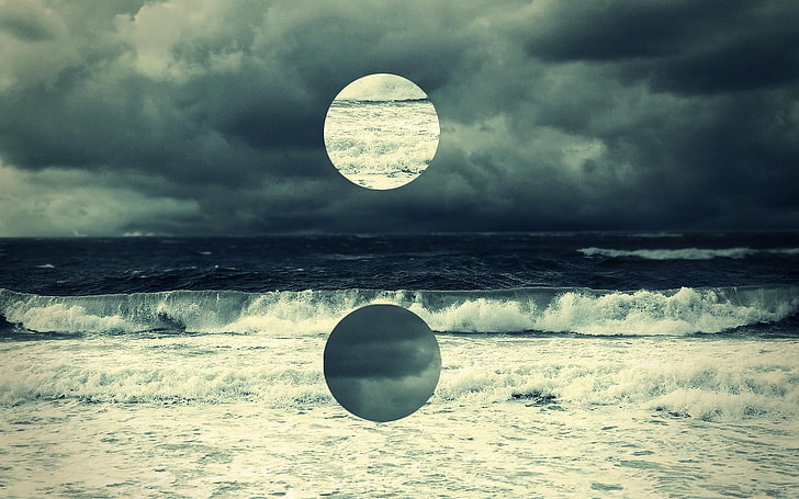 fond d'écran vagues de la mer, minimalisme, géométrie, résumé, mer, art numérique, eau, cercle, nuages, sombre, ciel, Fond d'écran HD