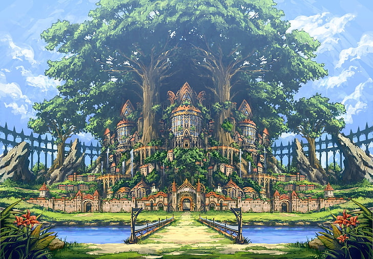 kastil di bawah lukisan pohon hijau, seni fantasi, kota fantasi, Wallpaper HD