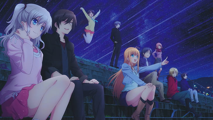 Otosaka Yuu, Charlotte (anime), anime kızlar, anime, anime erkek, yıldızlar, gökyüzü, HD masaüstü duvar kağıdı