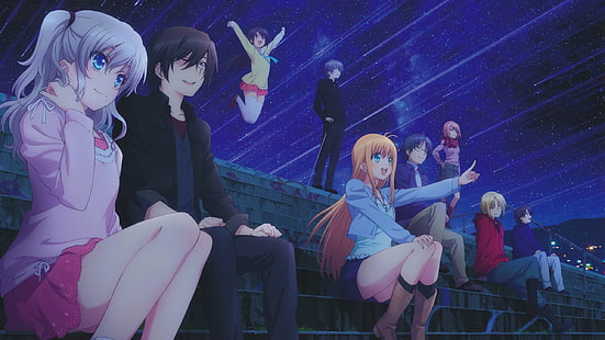 Otosaka Yuu, Charlotte (anime), anime kızlar, anime, anime erkek, yıldızlar, gökyüzü, HD masaüstü duvar kağıdı HD wallpaper