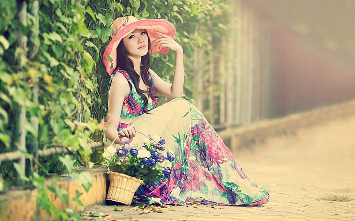 Menina asiática, chapéu, lindo vestido, rua, verão, Asiática, menina, chapéu, lindo, vestido, rua, verão, HD papel de parede