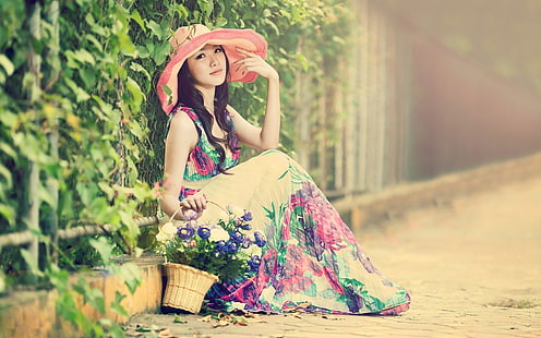 Азиатская девушка, шляпа, красивое платье, улица, лето, Азиатская девушка, шляпа, красивая, платье, улица, лето, HD обои HD wallpaper