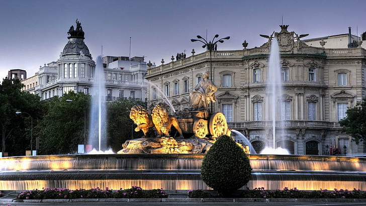 Cibeles Fountain In Madrid Spain, lights, fountain, buildings, statue, nature and landscapes, HD wallpaper