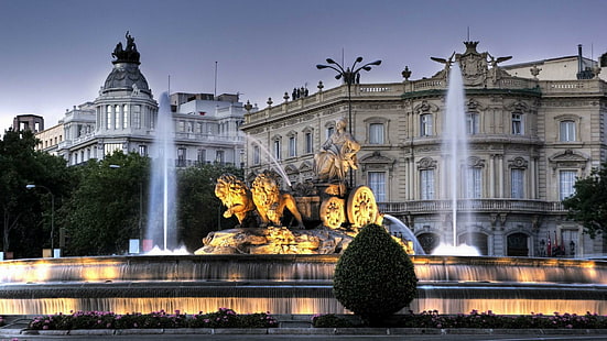 Cibeles Fountain In Madrid Spain, lights, fountain, buildings, statue, nature and landscapes, HD wallpaper HD wallpaper