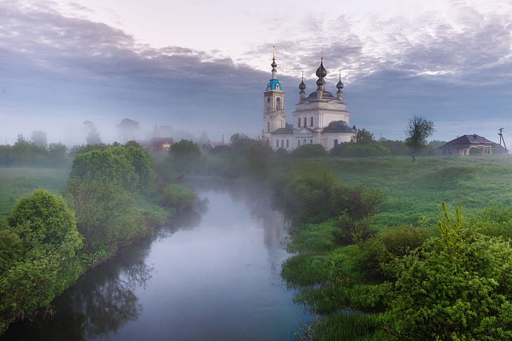 greens, summer, the sky, grass, clouds, landscape, nature, fog, reflection, river, shore, village, morning, Church, temple, houses, Russia, early, pond, the village, dome, shrubs, province, misty, the middle band, HD wallpaper