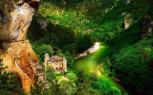 Castillos, Castillo de La Caze, Cañón, Castillo, Glen, Languedoc-Rosellón, Lozère, Río, Roca, Río Tarn, Gorges du Tarn, Fondo de pantalla HD HD wallpaper