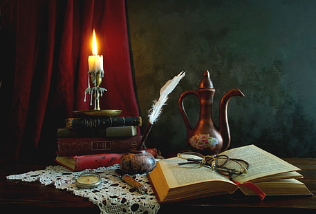 penna, orologio, libri, candela, occhiali, natura morta, caffettiera, Sfondo HD HD wallpaper