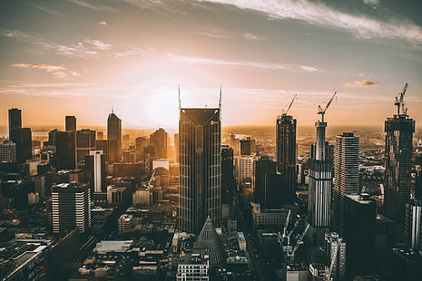 paysage urbain, Melbourne, grues (machine), Australie, coucher de soleil, Fond d'écran HD HD wallpaper