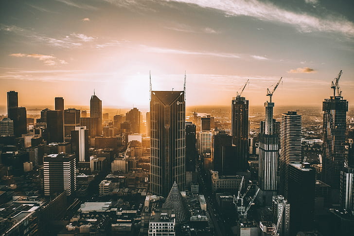 sunset, Melbourne, cityscape, cranes (machine), Australia, HD wallpaper