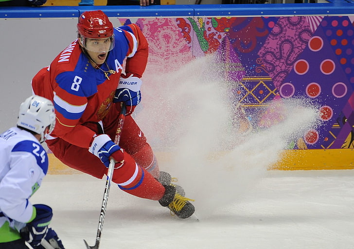 мъжки червен и син хокей костюм, лед, Русия, хокей, Александър Овечкин, Сочи 2014, XXII зимни олимпийски игри, сочи 2014 олимпийски зимни игри, HD тапет