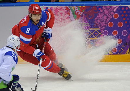 ชุดฮอกกี้ชายสีแดงและน้ำเงินน้ำแข็งรัสเซียฮ็อกกี้ Alexander Ovechkin โซชิ 2014 การแข่งขันกีฬาโอลิมปิกฤดูหนาวครั้งที่ XXII การแข่งขันกีฬาโอลิมปิกฤดูหนาวปี 2014 ที่โซชี, วอลล์เปเปอร์ HD HD wallpaper