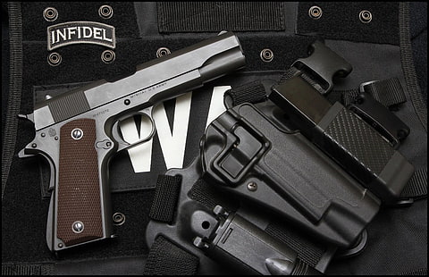 gray and brown semi-automatic pistol, Weapons, Colt 1911, Colt .45 Infidel 1911, HD wallpaper HD wallpaper