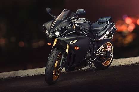 черный спортивный мотоцикл, yamaha, yzf-r1, спортивный мотоцикл, HD обои HD wallpaper