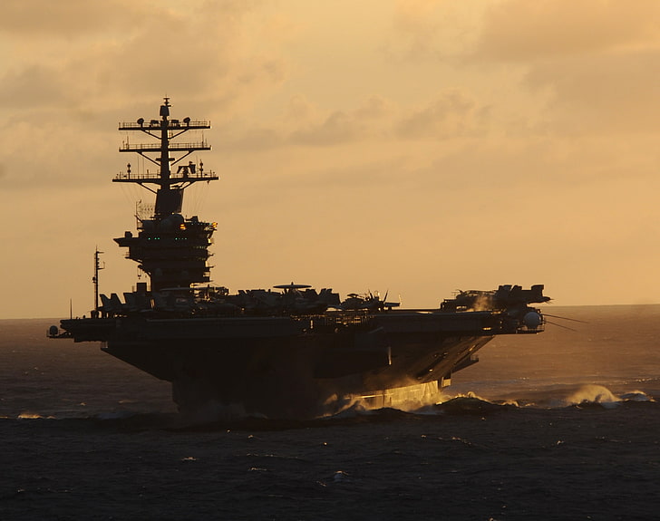 Marinha dos EUA grande frota verde ao pôr do sol, porta-aviões preto, exército, oceano pacífico, greatgreenfleetdemonstration, rimpac, ussnimitz, HD papel de parede