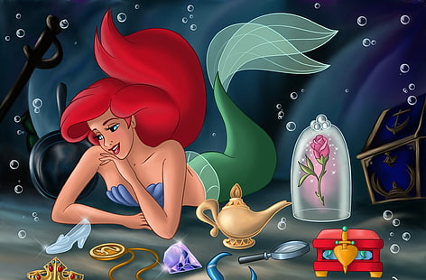Küçük Deniz Kızı'ndan Ariel, kale, çizgi film, deniz kızı, masal, göğüs, hazineler, sualtı dünyası, Prenses, deniz, Ariel, çiçekler, kılıç, fanart, Walt Disney, çizgi film, Küçük deniz kızı, masal, Küçük deniz kızı, taç Aurora,Külkedisi'nin terliği, fantezi dünyası, sihirli çiçek, Aladdin'in lambası, gül Belle, kolye Yasemin, ayna Pamuk Prenses, Ariel hazineleri, HD masaüstü duvar kağıdı HD wallpaper