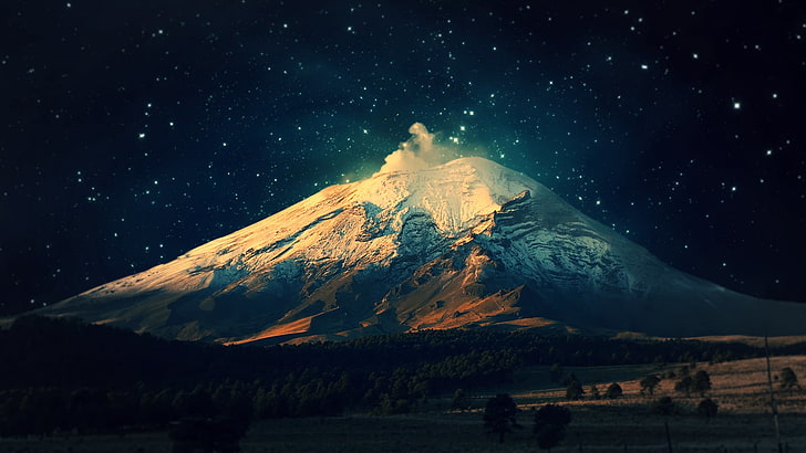 бял и кафяв вулкан, нощ, планини, звезди, планината Фуджи, сняг, природа, HD тапет