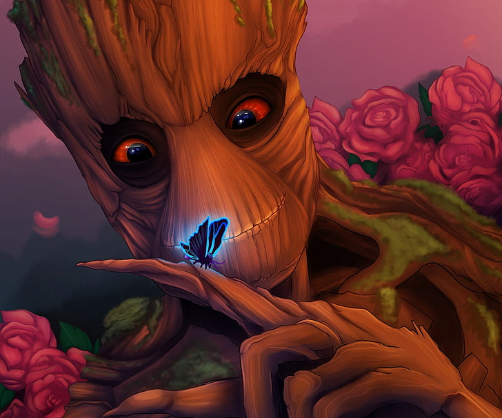 Marvel Groot digital wallpaper, look, tree, butterfly, Groot, guardians of the galaxy, good-natured, HD wallpaper