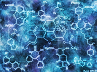 wallpaper molekul biru dan teal, kimia, sains, Wallpaper HD HD wallpaper