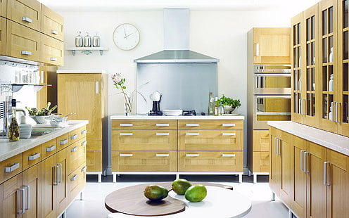 Wooden kitchen, wood kitchen cabinets, photography, 1920x1200, table, clock, kitchen, interior design, sink, HD wallpaper HD wallpaper