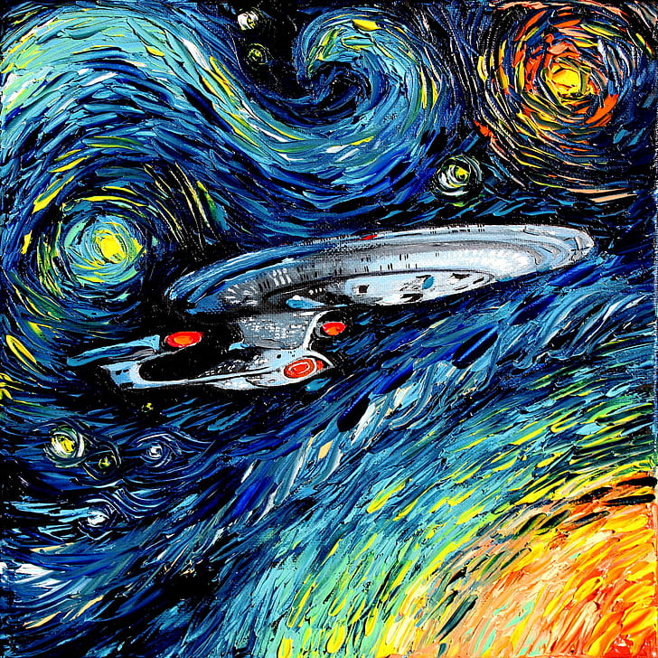 traditional art, painting, artwork, Star Trek, Vincent van Gogh, humor, The Starry Night, starry night, spaceship, tv series, colorful, the next generation, star trek: the next generation, HD wallpaper