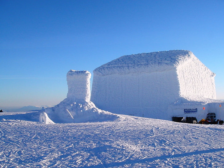 edifício coberto de neve, casa, montes de neve, inverno, neve, figuras, HD papel de parede