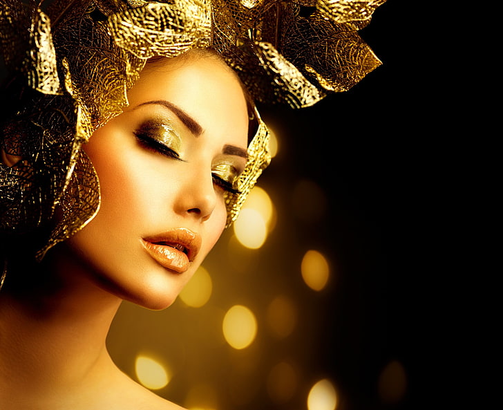 girl, gold, model, makeup, decoration, Anna Subbotina, HD wallpaper