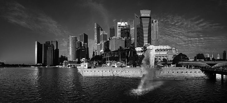 miasto wyzwanie, merlion, singapur, panorama, Tapety HD