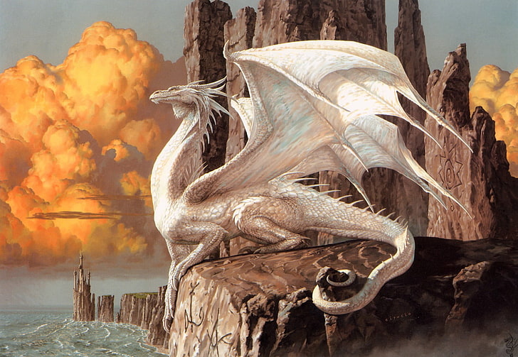 silver dragon on brown rock formation poster, dragon, Argentina, landscape, Ciruelo Cabral, fantasy art, HD wallpaper