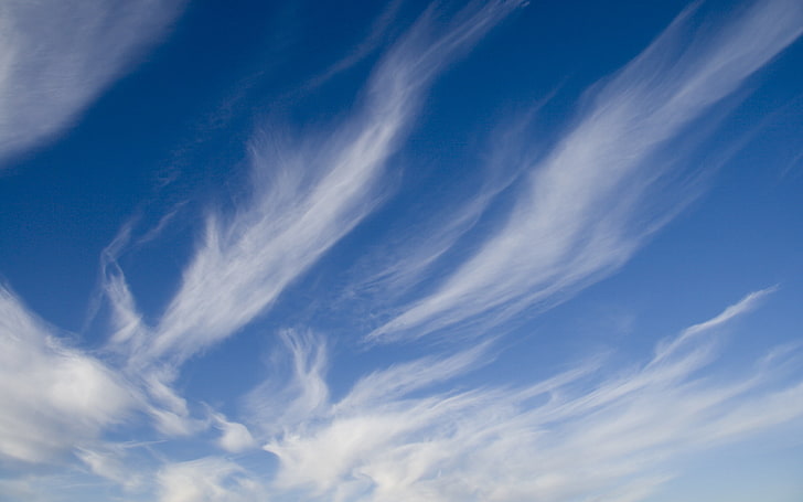 blue sky, clouds, lines, sky, white, blue, HD wallpaper