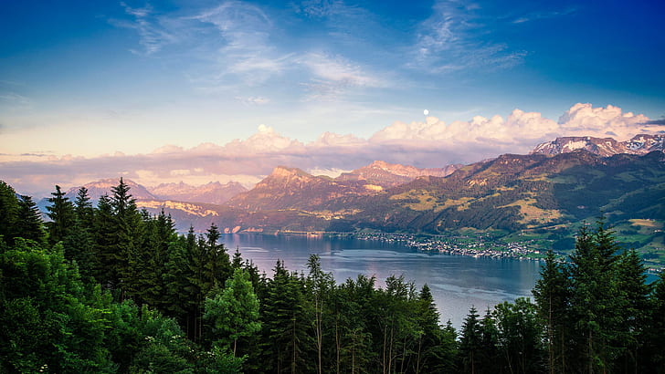 небо, гора, горный хребет, горное озеро, облако, озеро, дерево, пейзаж, озеро Цюрих, Швейцария, Цюрихзее, HD обои