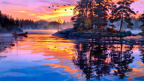 calm, mallards, landscape, wetland, tree, landscape painting, atmosphere, lake, watercolor paint, reflection, painting art, dawn, morning, water, sky, painting, nature, HD wallpaper HD wallpaper