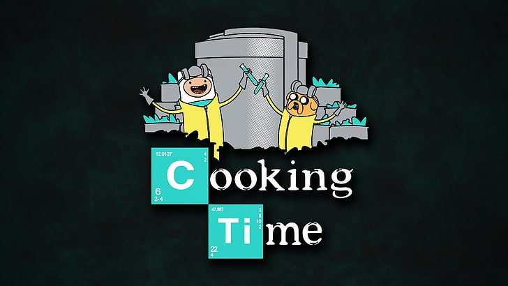 Adventure Time matlagningstid illustration, tecknad film, meth, Breaking Bad, Adventure Time, crossover, Jake the Dog, Finn the Human, HD tapet
