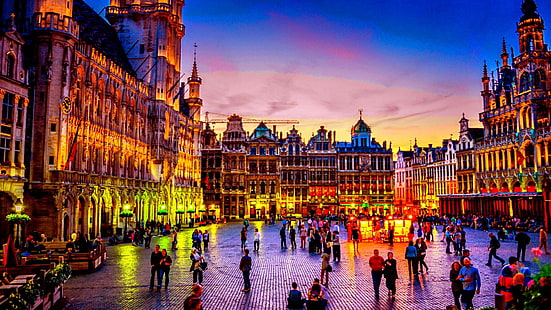 велико място, нощ, Брюксел, Европа, HD тапет HD wallpaper